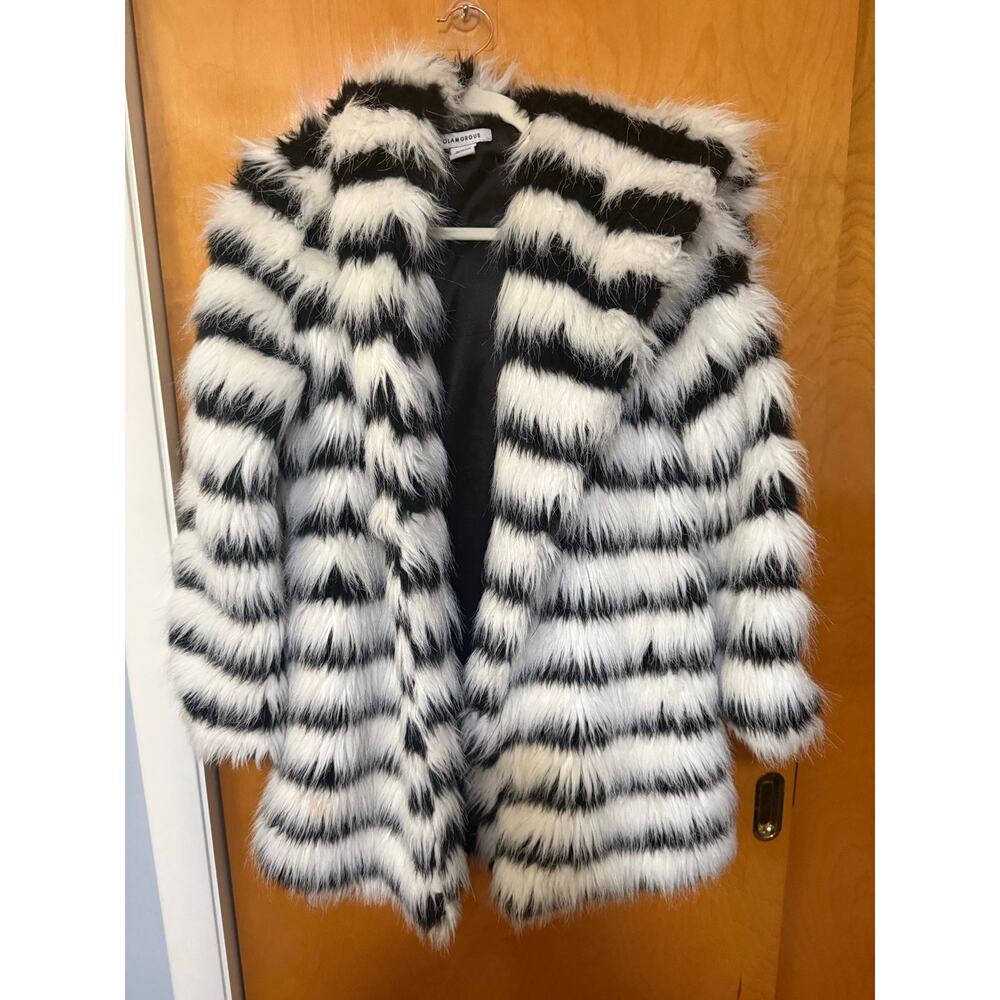 GLAMOROUS Stripe Black/White Hooded Faux Fur Warm Long Oversized Coat Sz. XS